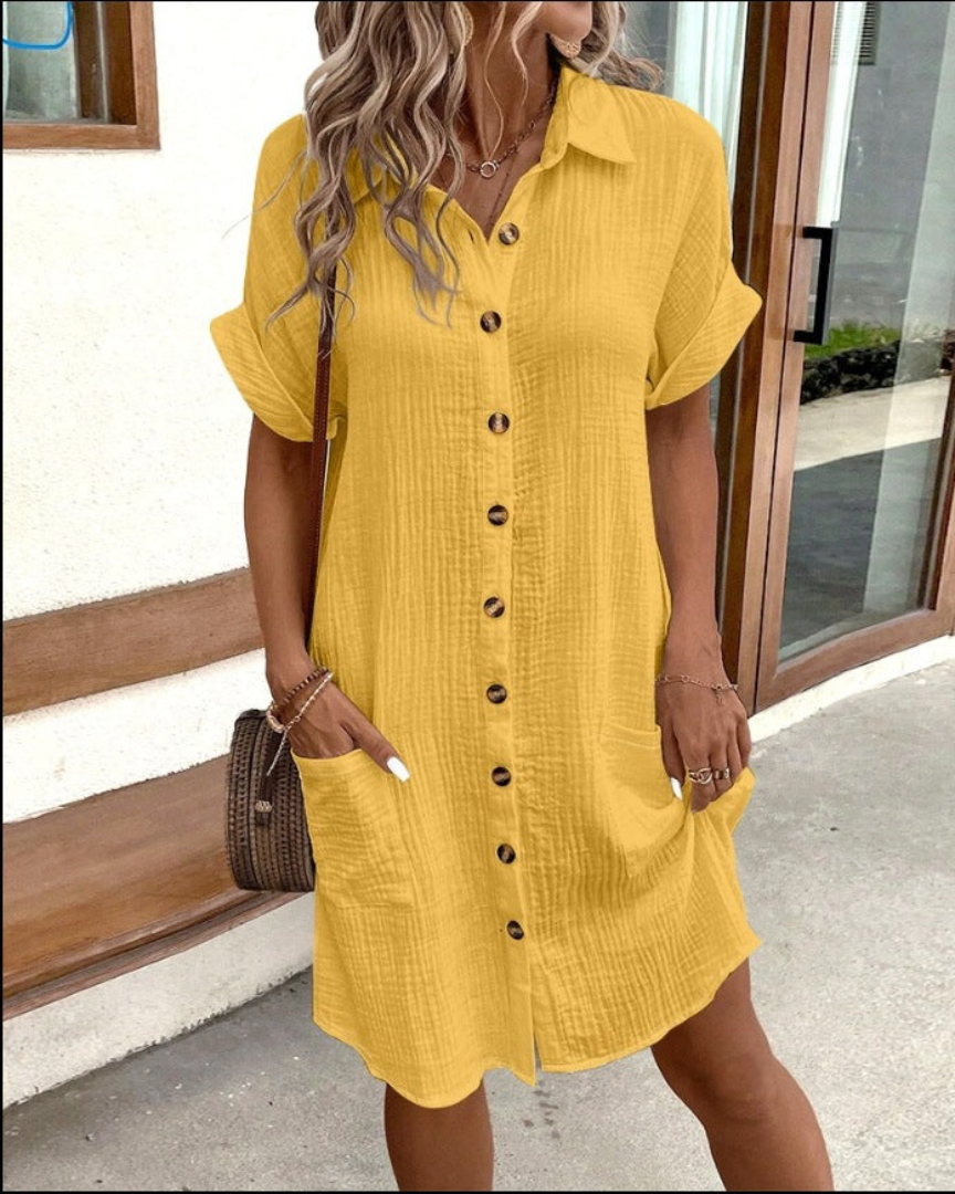 Rachelle | Hemdkleid - Lockeres Sommerkleid mit Knopfleiste, Reverskragen & Taschen – Damen Einfarbig Kurzarm