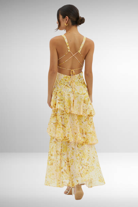 Cany | Rückenfreies Maxikleid mit Blumenmuster, V-Ausschnitt & Stufenrock für elegante Sommerlooks