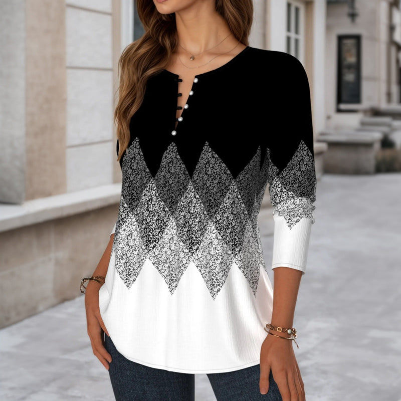 Damen Bluse Vintage Farbblock V-Ausschnitt Langer Arm Casual