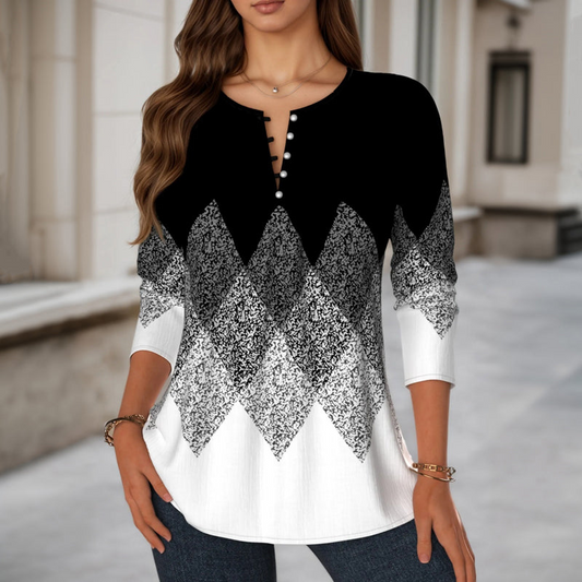 Damen Bluse Vintage Farbblock V-Ausschnitt Langer Arm Casual