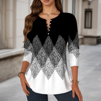 Damen Bluse Vintage Farbblock V-Ausschnitt Langer Arm Casual