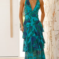Cany | Rückenfreies Maxikleid mit Blumenmuster, V-Ausschnitt & Stufenrock für elegante Sommerlooks