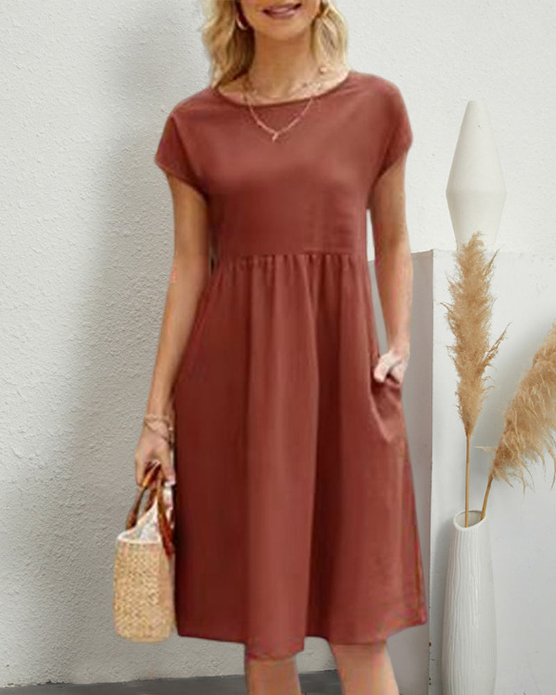 Carla | Luftiges Sommerkleid in Uni-Farben – Rundhalsausschnitt & Kurzarm, Lockerer Schnitt in Midi-Länge