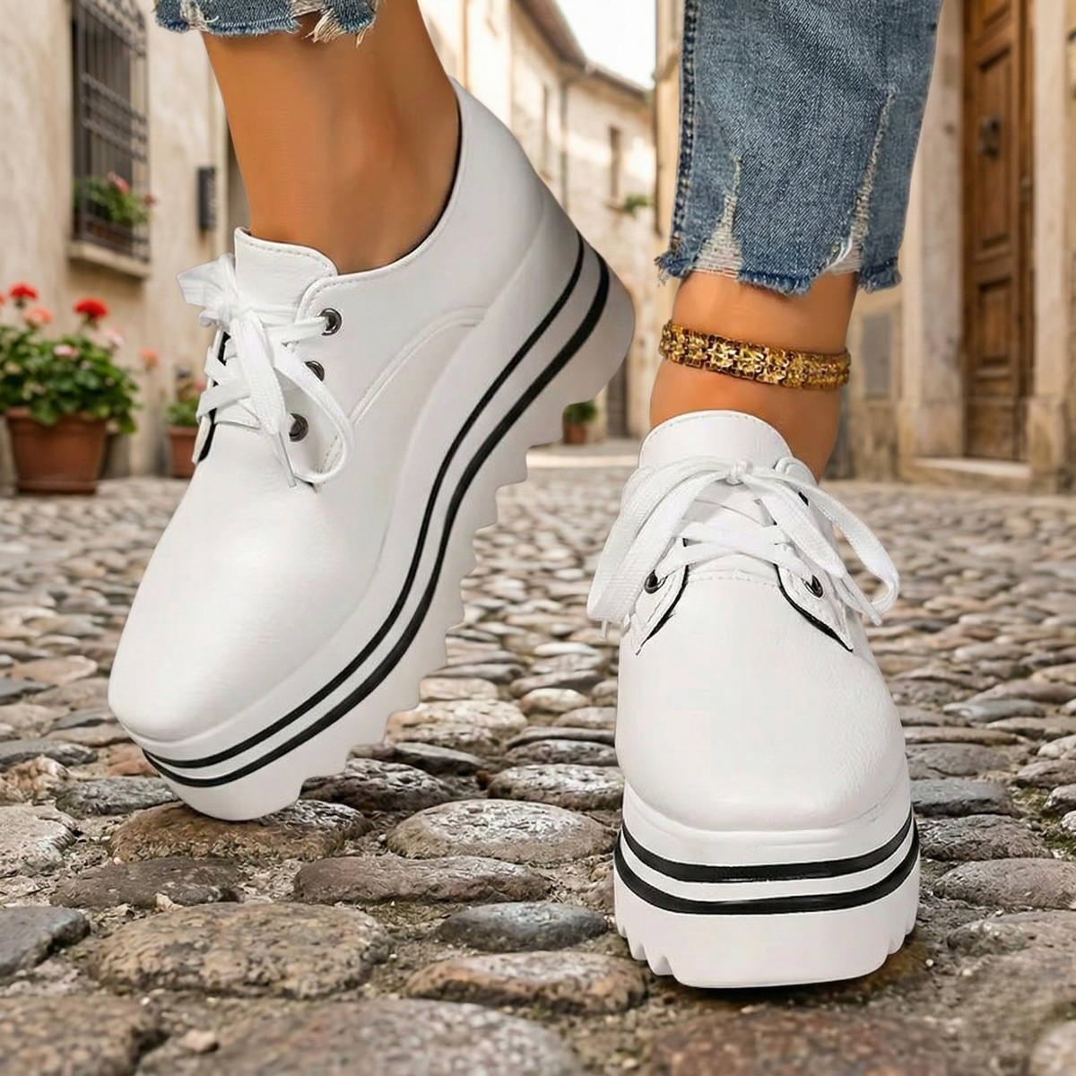 Damen Oxford-Schnürschuhe mit klobiger Plattformsohle
