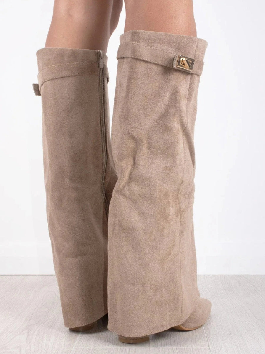 Damen Faltstiefel Schlank mit goldfarbenem Verschlussdetail