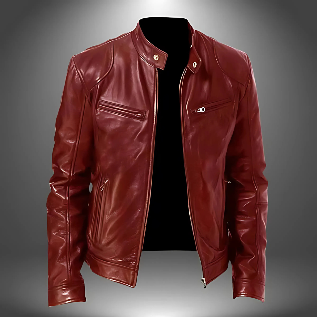 Herren Lederjacke Slim Fit Casual mit Stehkragen