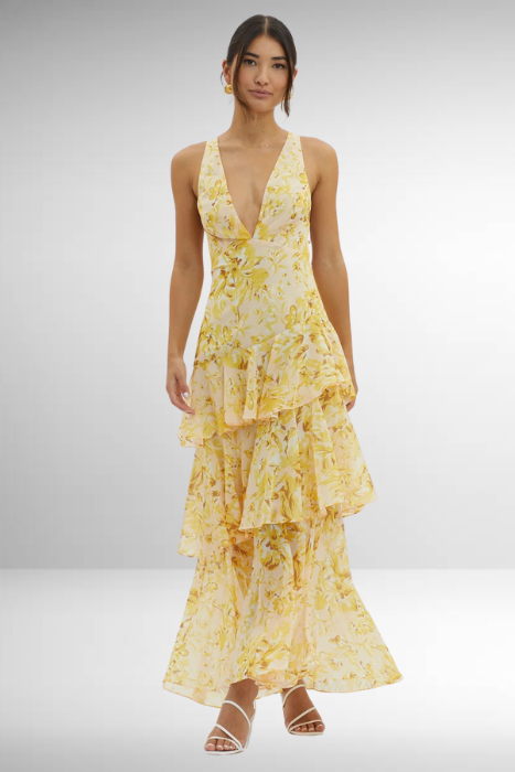 Cany | Rückenfreies Maxikleid mit Blumenmuster, V-Ausschnitt & Stufenrock für elegante Sommerlooks