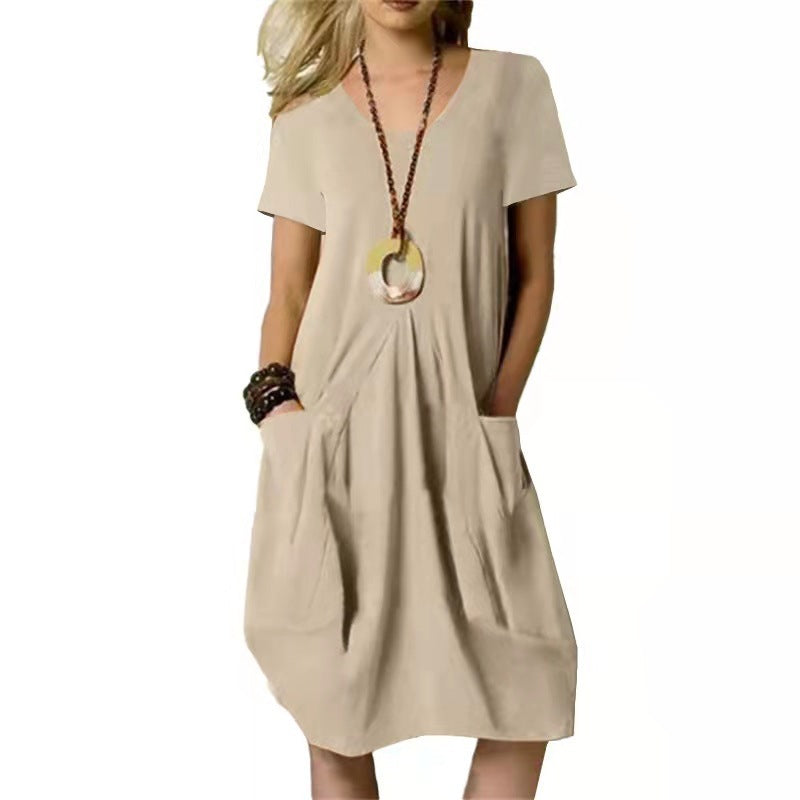 Racholle | Damen Sommerkleid mit Rundhals & Taschen – Lockeres Unifarbenes Kurzarm Kleid