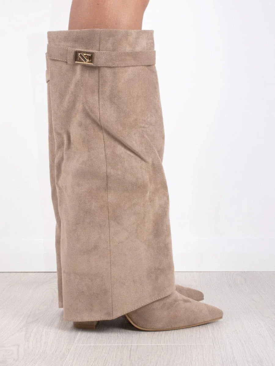 Damen Faltstiefel Schlank mit goldfarbenem Verschlussdetail
