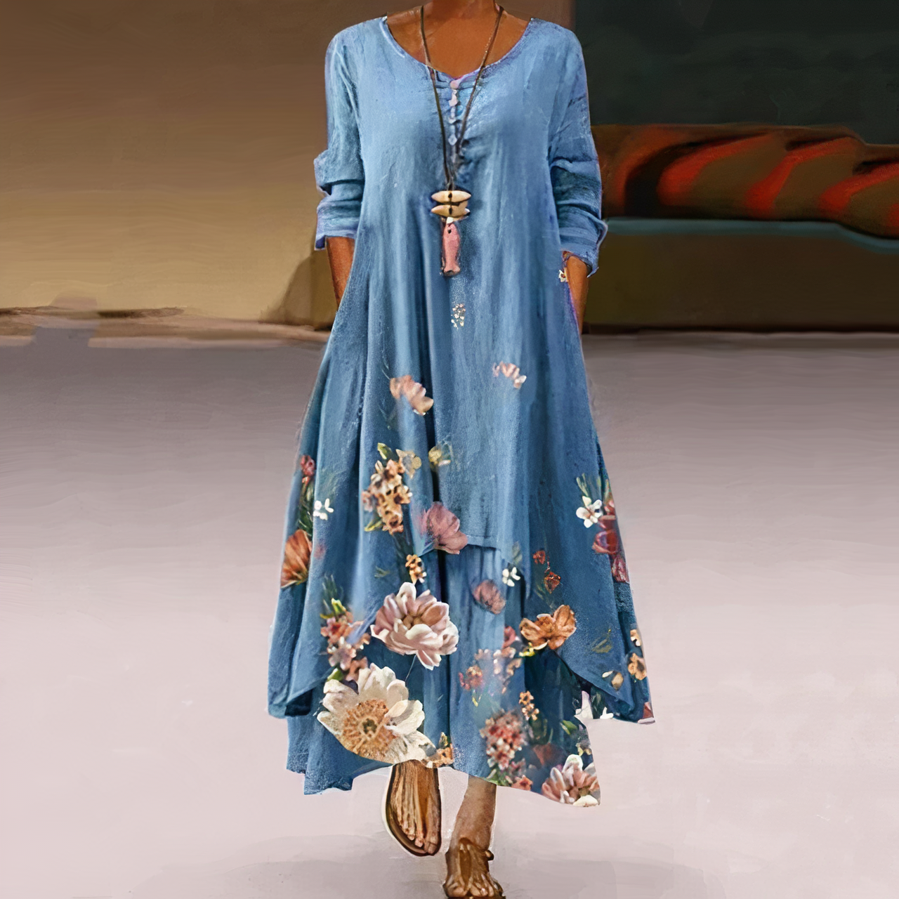 Trisha | Sommerliches Leinen-Maxikleid mit floralen Details & Rundhalsausschnitt – Luftig, Elegant & Bequem