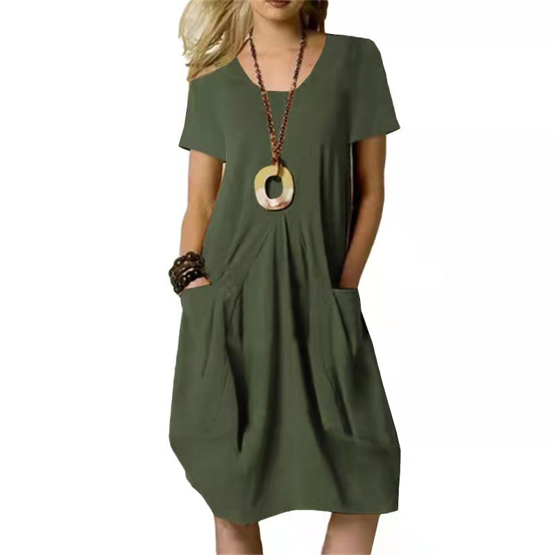 Racholle | Damen Sommerkleid mit Rundhals & Taschen – Lockeres Unifarbenes Kurzarm Kleid