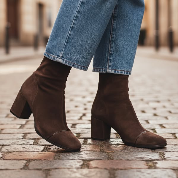 Damen Stiefeletten Wildleder-Optik mit quadratischer Zehenform und Blockabsatz
