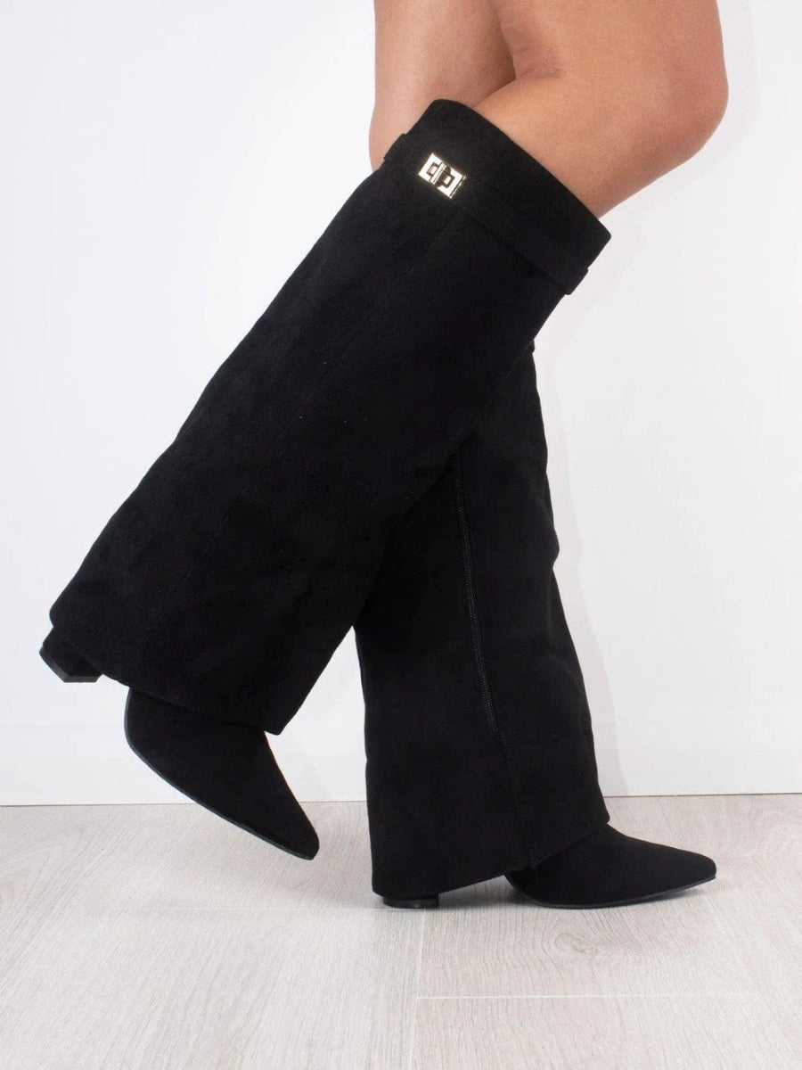 Damen Faltstiefel Schlank mit goldfarbenem Verschlussdetail