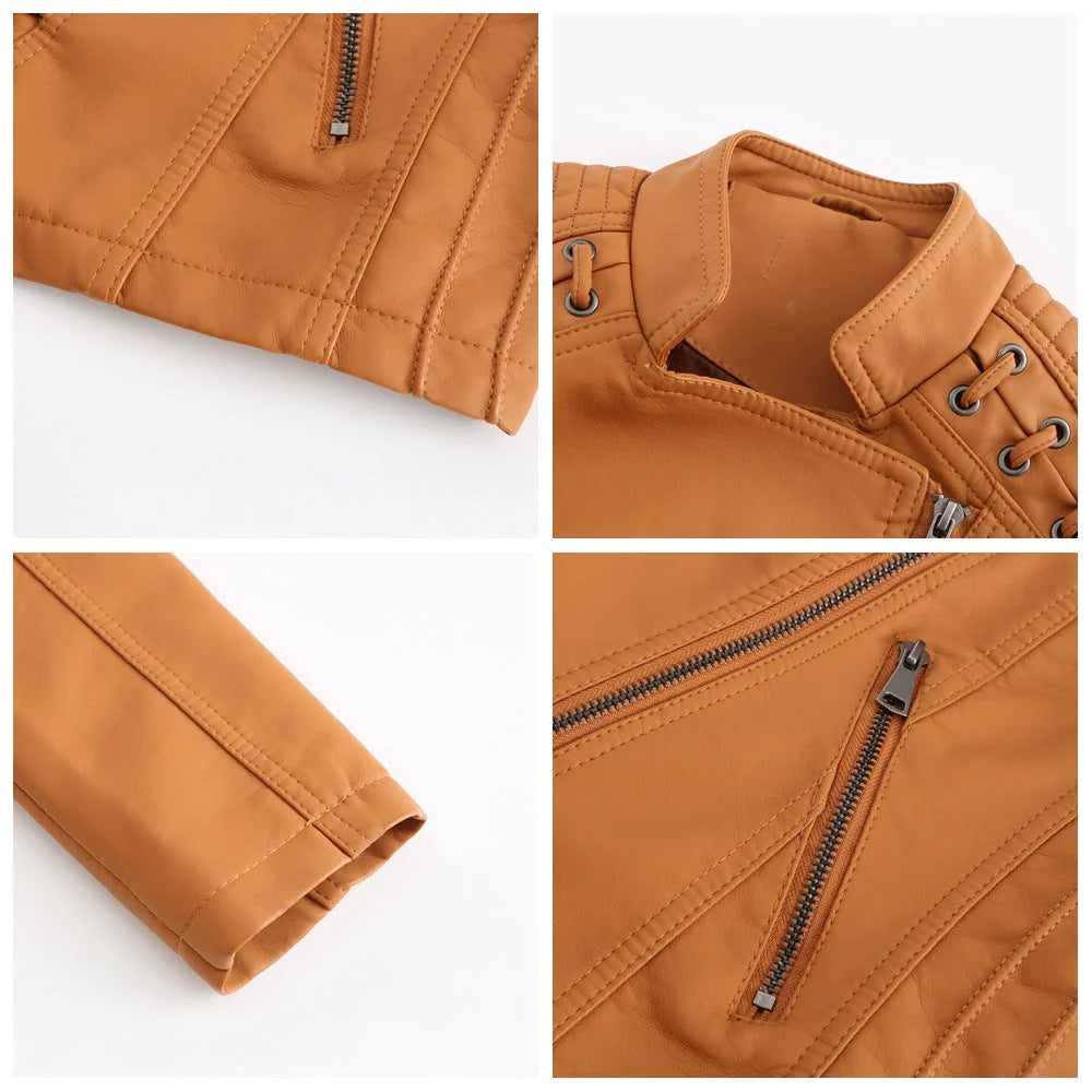 Damen Lederjacke Slim Fit Casual mit Flechtdetails
