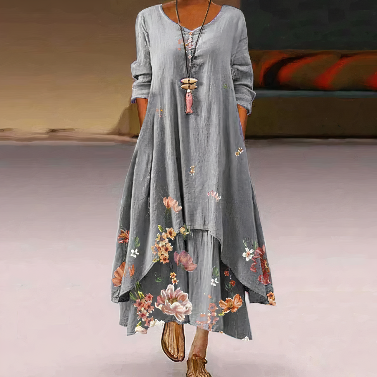 Trisha | Sommerliches Leinen-Maxikleid mit floralen Details & Rundhalsausschnitt – Luftig, Elegant & Bequem