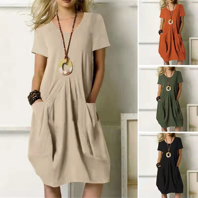 Racholle | Damen Sommerkleid mit Rundhals & Taschen – Lockeres Unifarbenes Kurzarm Kleid