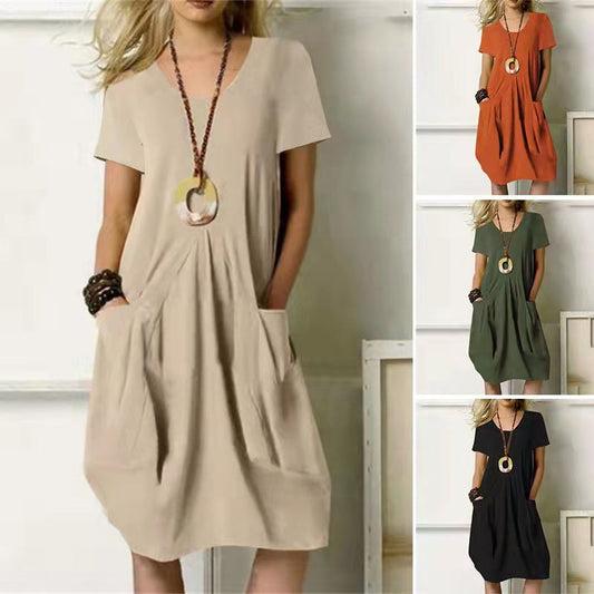 Racholle | Damen Sommerkleid mit Rundhals & Taschen – Lockeres Unifarbenes Kurzarm Kleid
