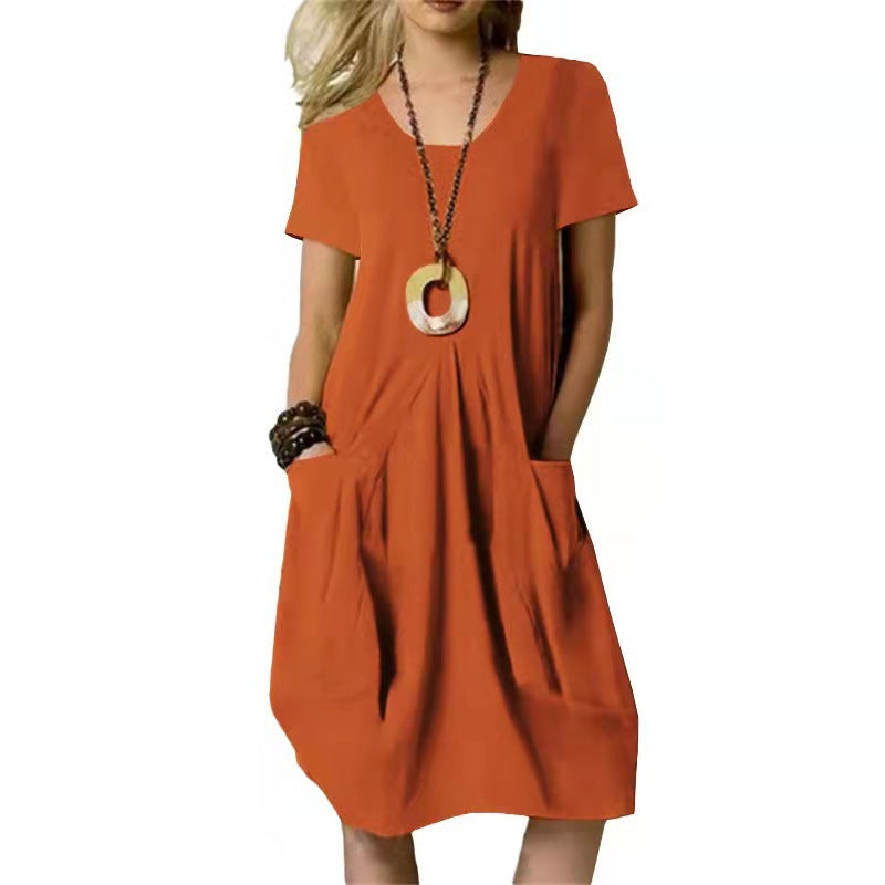 Racholle | Damen Sommerkleid mit Rundhals & Taschen – Lockeres Unifarbenes Kurzarm Kleid