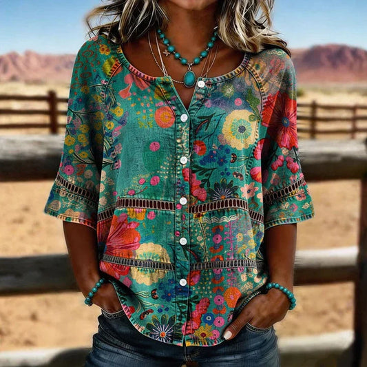 Damen Bluse Regular Fit Freizeit mit Vintage-Blumenmuster