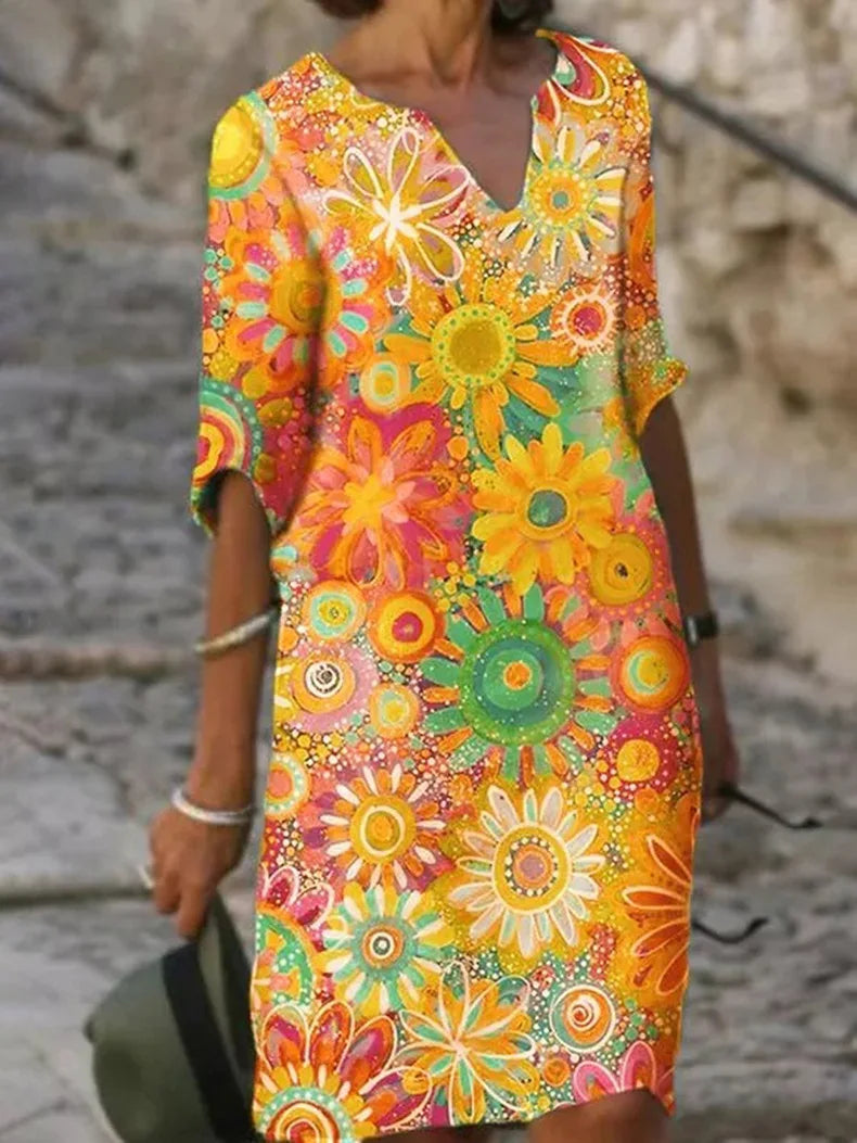 Pauline | V‑Ausschnitt Sommerkleid mit Sonnenblumen‑Print – Bequemer Schnitt & Luftiger Alltags‑Look