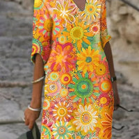 Pauline | V‑Ausschnitt Sommerkleid mit Sonnenblumen‑Print – Bequemer Schnitt & Luftiger Alltags‑Look