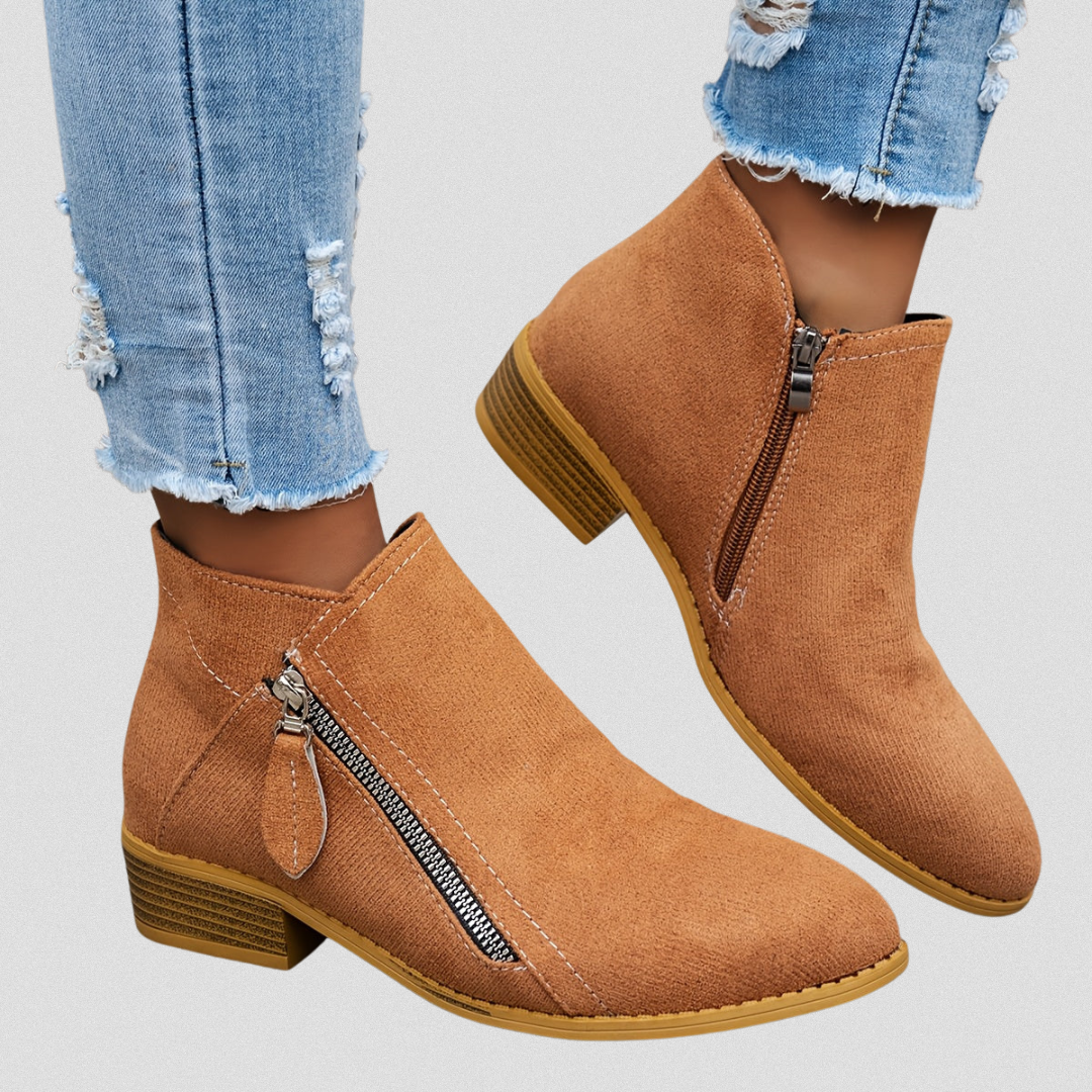 Damen Ankle Boots mit Reißverschluss und niedrigem Blockabsatz