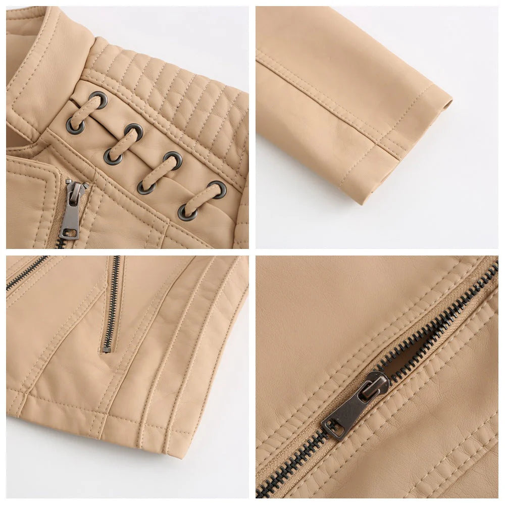 Damen Lederjacke Slim Fit Casual mit Flechtdetails