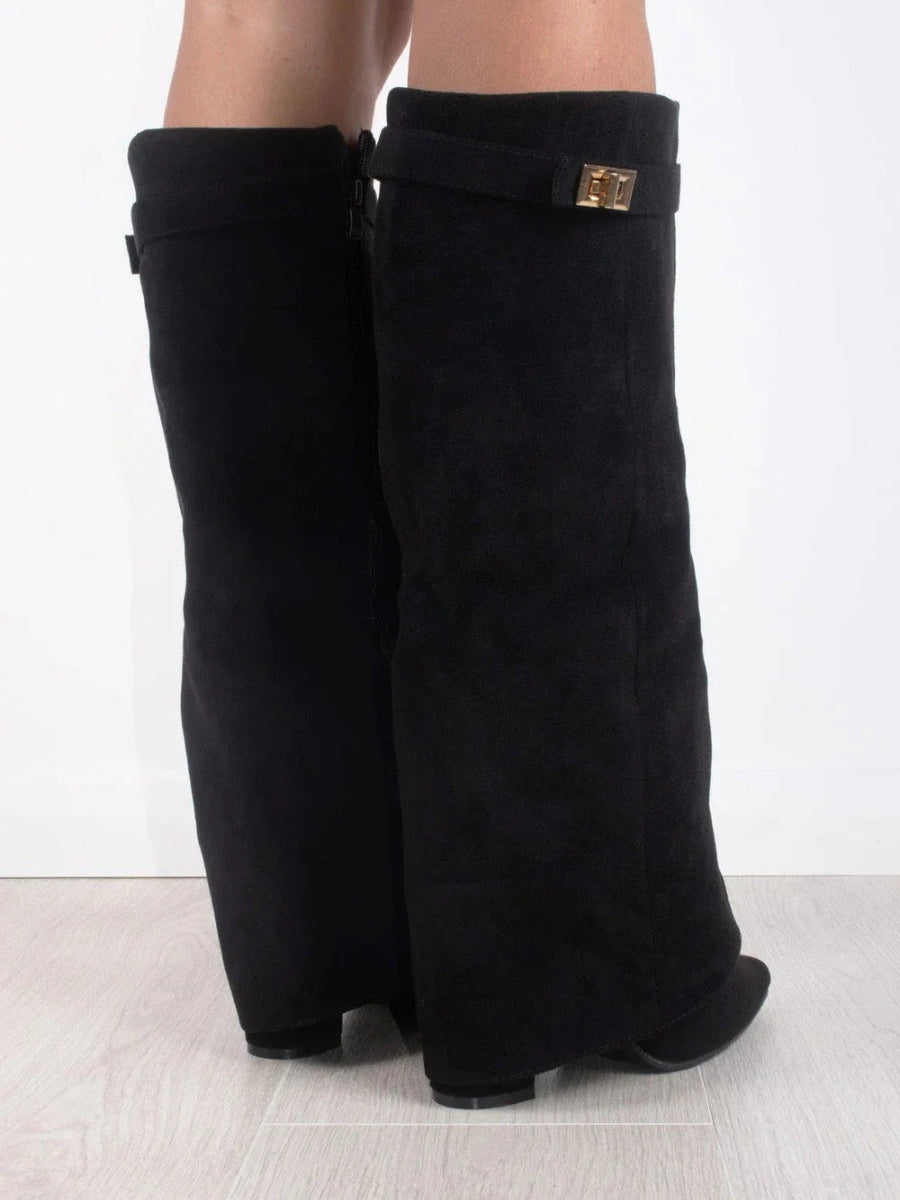 Damen Faltstiefel Schlank mit goldfarbenem Verschlussdetail