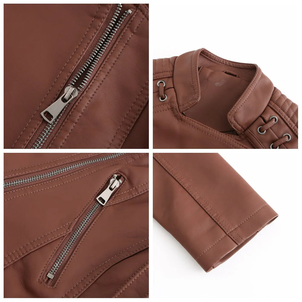 Damen Lederjacke Slim Fit Casual mit Flechtdetails