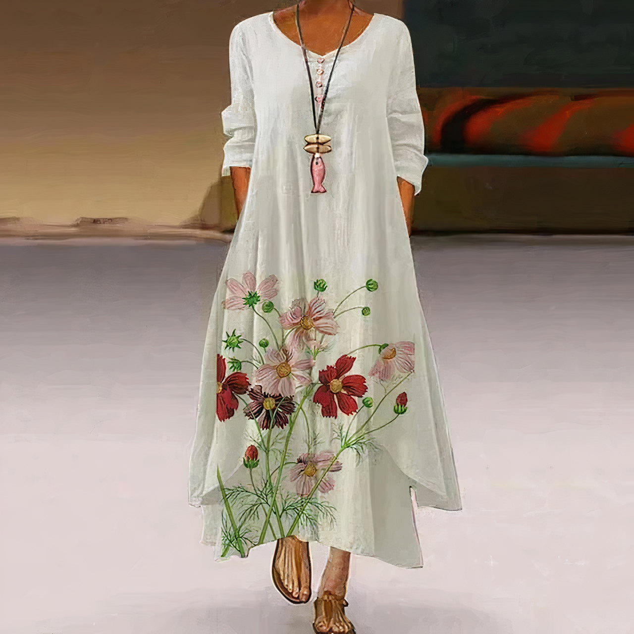 Trisha | Sommerliches Leinen-Maxikleid mit floralen Details & Rundhalsausschnitt – Luftig, Elegant & Bequem