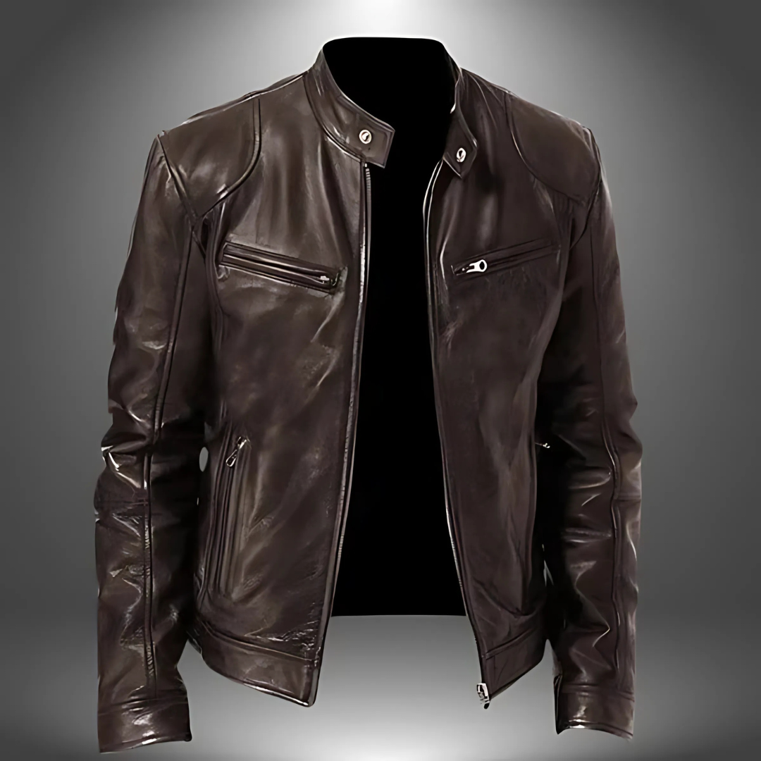 Herren Lederjacke Slim Fit Casual mit Stehkragen