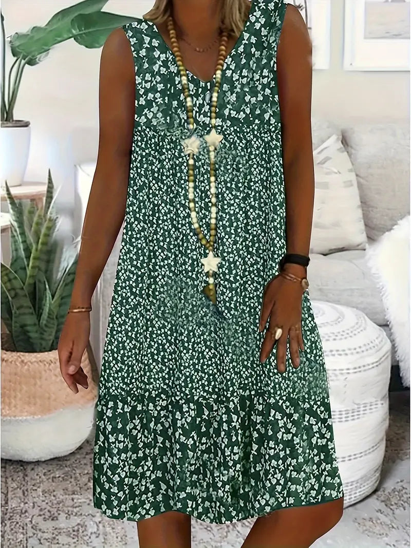 Stillie | Ärmelloses Sommerkleid mit V-Ausschnitt & Weißem Blumenmuster – Luftig, Gerade Geschnitten & Bequem