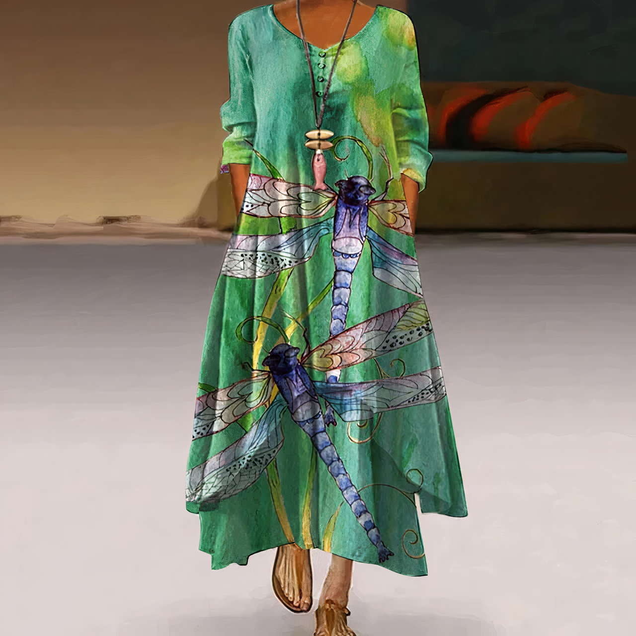 Trisha | Sommerliches Leinen-Maxikleid mit floralen Details & Rundhalsausschnitt – Luftig, Elegant & Bequem