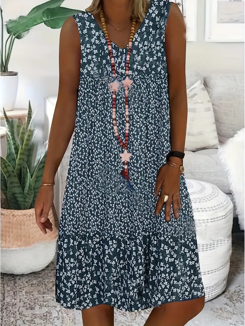 Stillie | Ärmelloses Sommerkleid mit V-Ausschnitt & Weißem Blumenmuster – Luftig, Gerade Geschnitten & Bequem