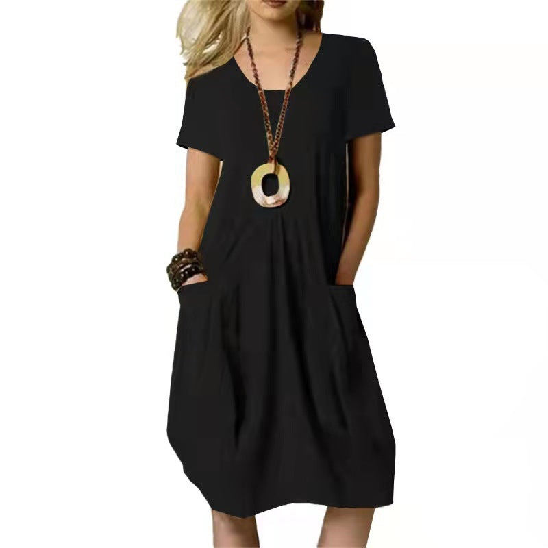 Racholle | Damen Sommerkleid mit Rundhals & Taschen – Lockeres Unifarbenes Kurzarm Kleid