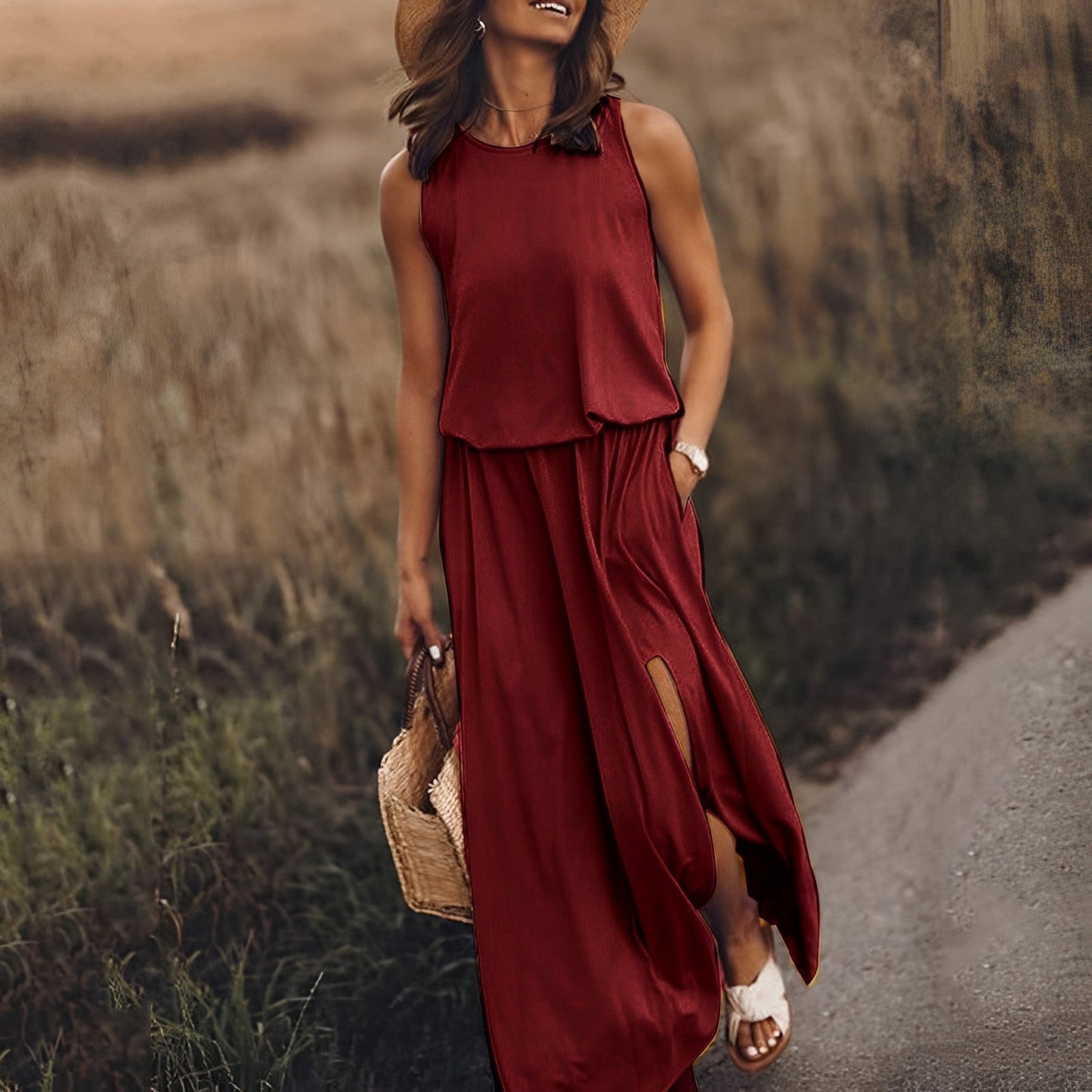 Raquel | Damen Ärmelloses Maxikleid mit Rundhalsausschnitt & Beinschlitz – Sommerlich, Elegant & Bequem