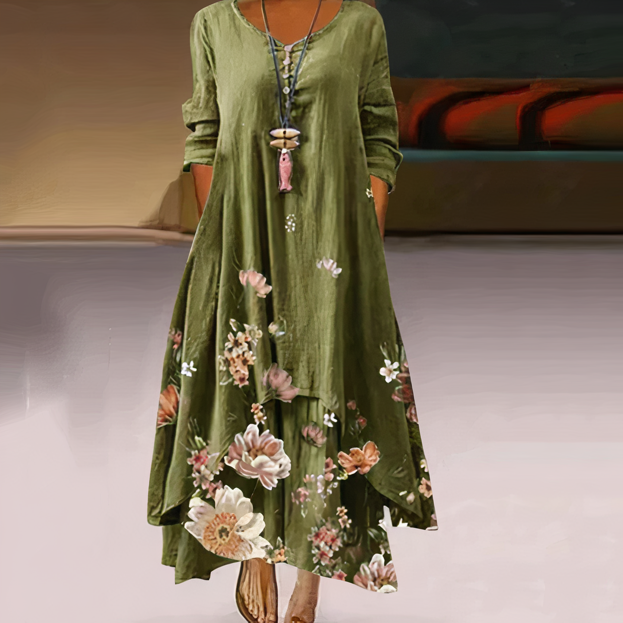 Trisha | Sommerliches Leinen-Maxikleid mit floralen Details & Rundhalsausschnitt – Luftig, Elegant & Bequem