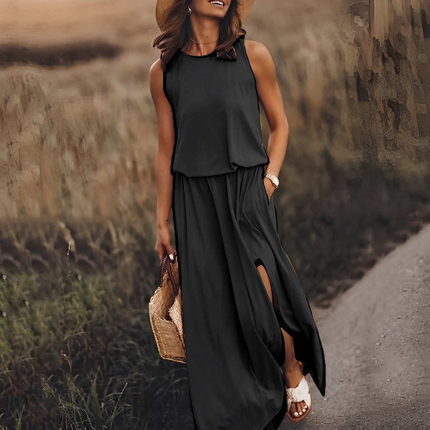 Raquel | Damen Ärmelloses Maxikleid mit Rundhalsausschnitt & Beinschlitz – Sommerlich, Elegant & Bequem