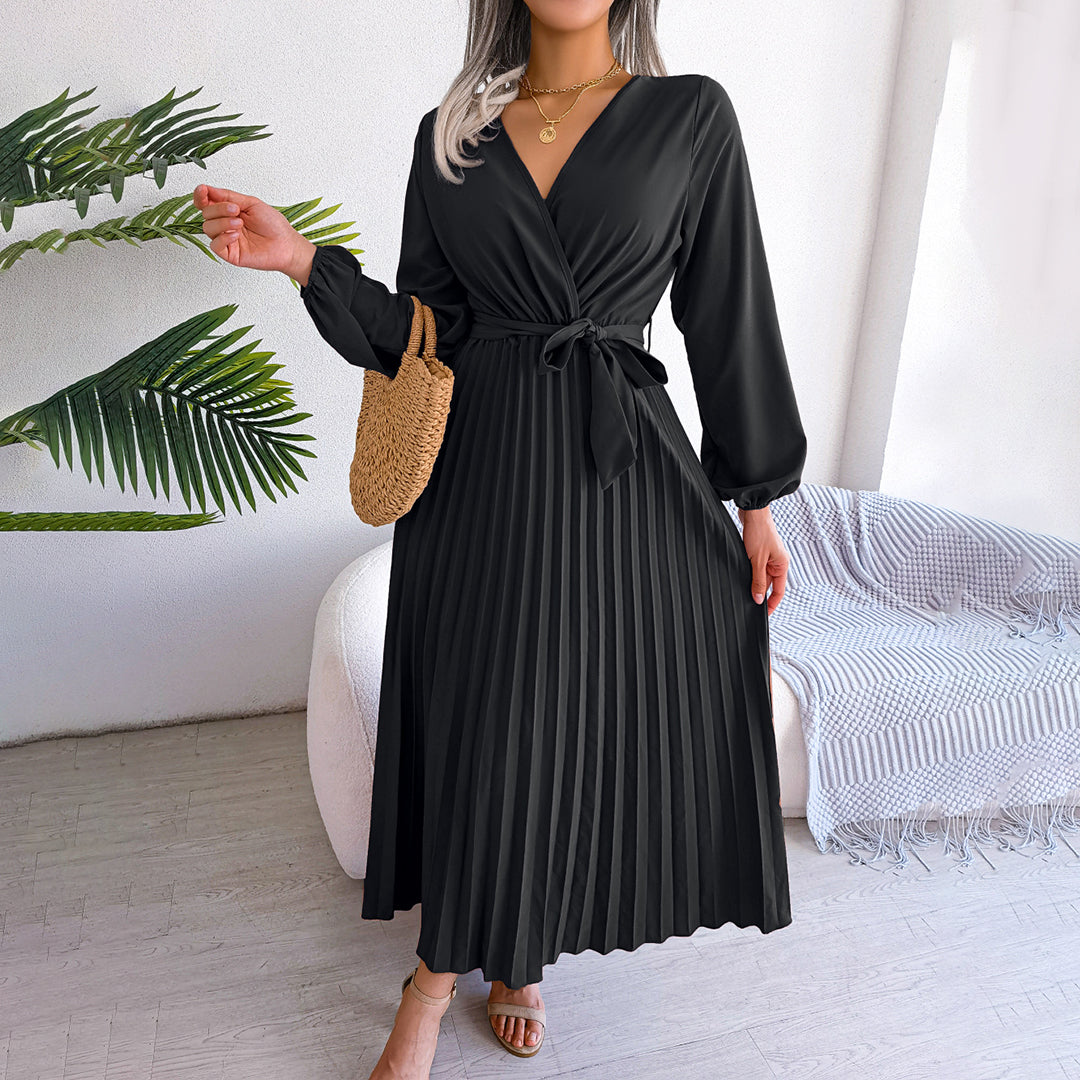 Ardena | Elegantes Damen-Maxikleid mit V-Ausschnitt, Taillengürtel und Plisseerock