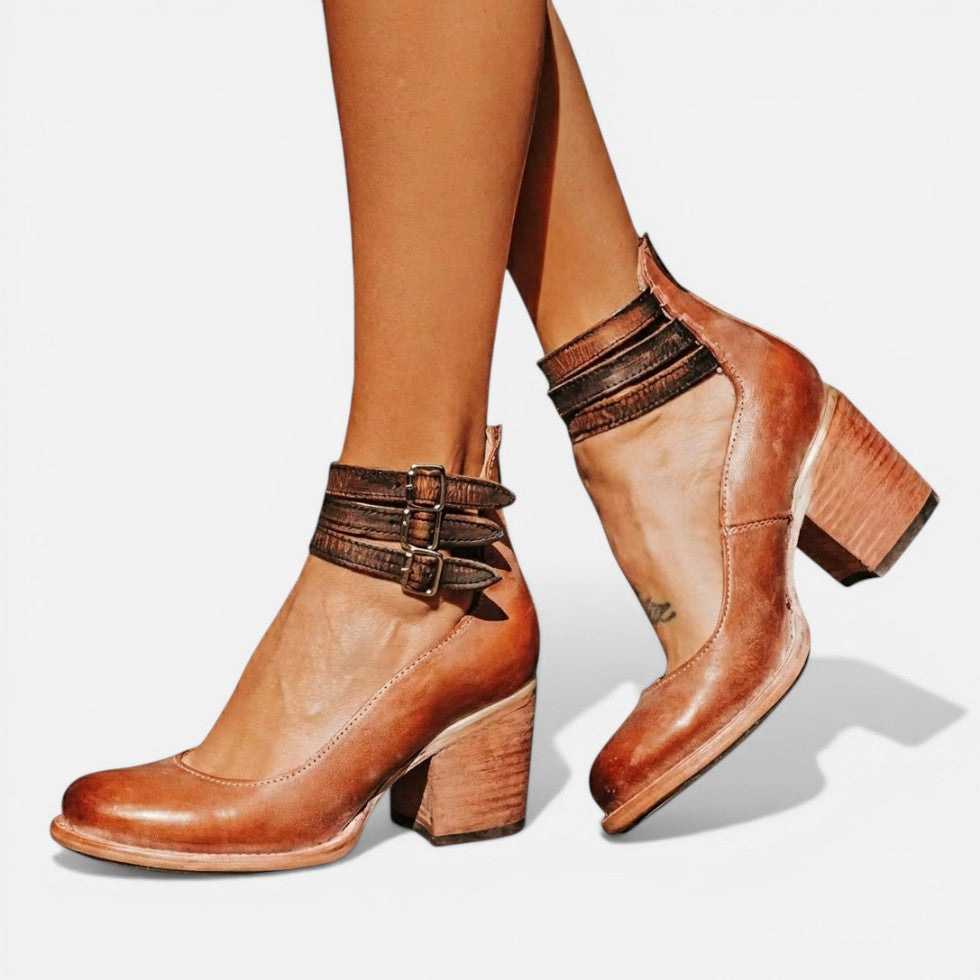 Damen Stiefeletten mit Blockabsatz und Schnallenriemen