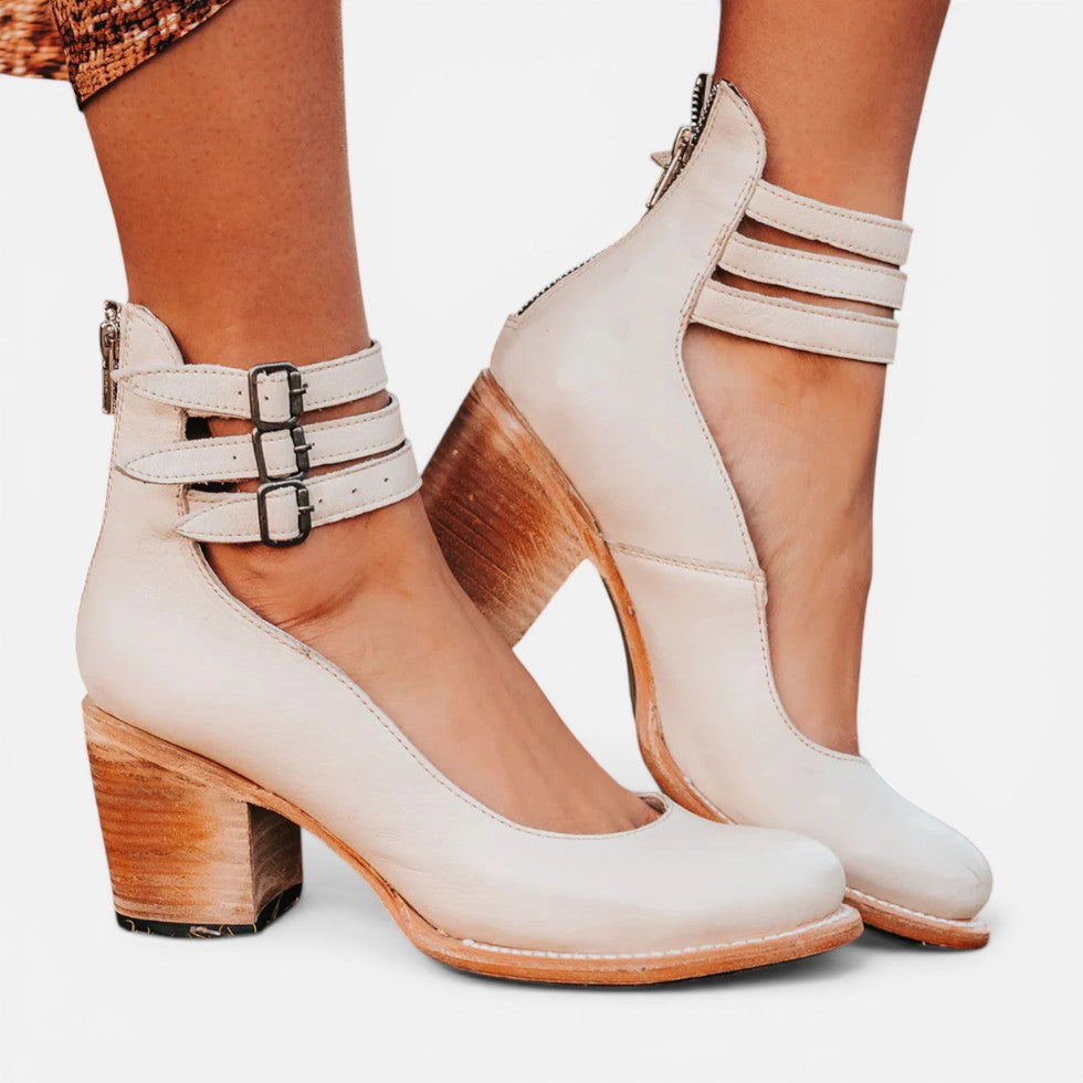 Damen Stiefeletten mit Blockabsatz und Schnallenriemen