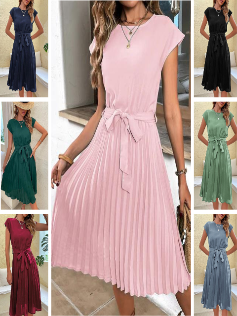 Sanna | Damen Sommerkleid mit Taillengürtel & Faltenrock – Kurzarm, Knielang & Figurschmeichelnd