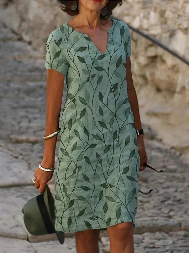Tessa | V-Ausschnitt Sommerkleid mit Blattmuster | Luftiges Freizeitkleid mit kurzen Ärmeln
