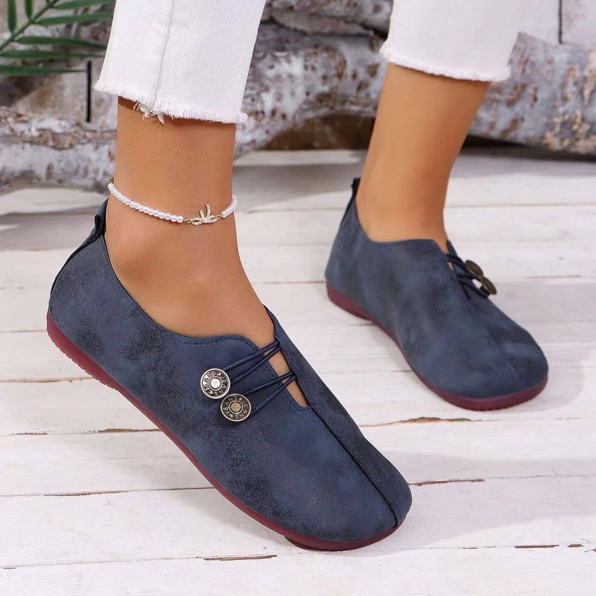 Damen Ballerinas mit elastischem Knopfverschluss