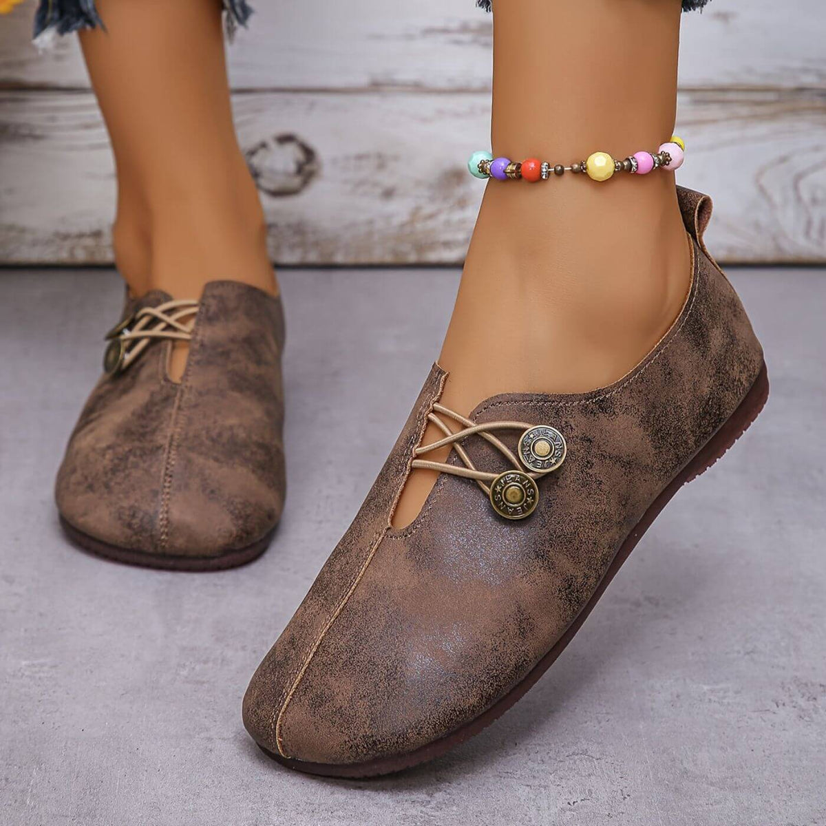 Damen Ballerinas mit elastischem Knopfverschluss