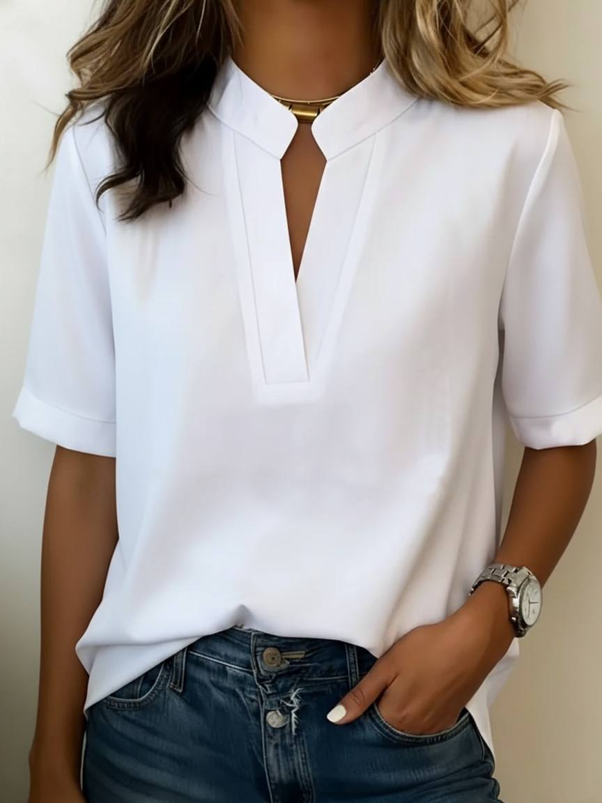 Damen Bluse Relaxed Fit mit V-Ausschnitt und umgeschlagenen Ärmeln
