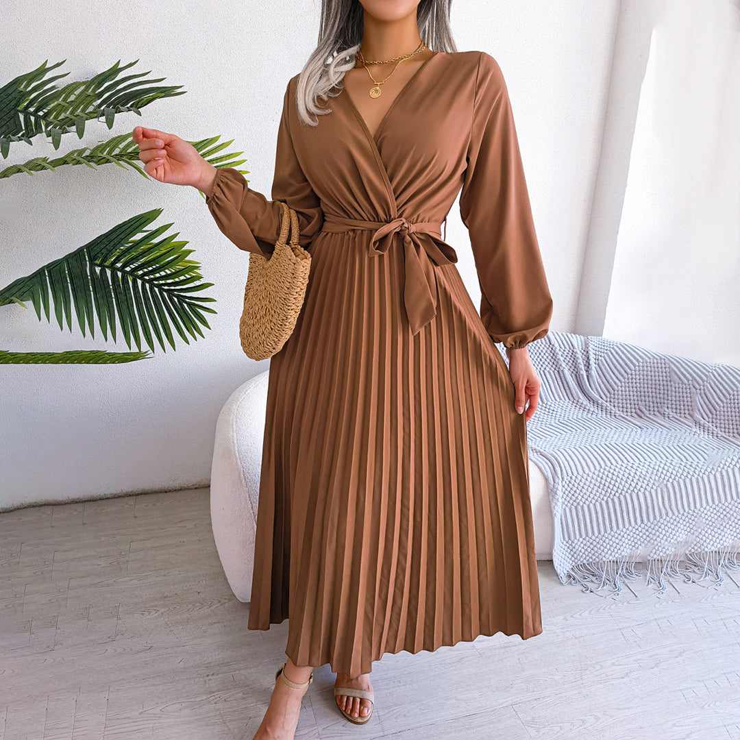 Ardena | Elegantes Damen-Maxikleid mit V-Ausschnitt, Taillengürtel und Plisseerock