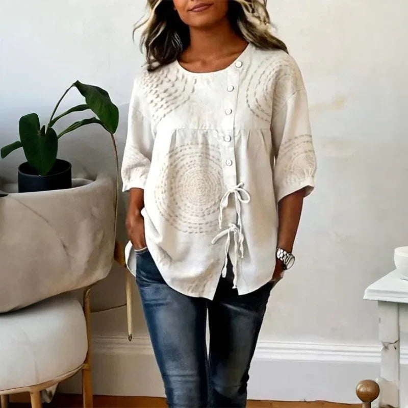 Damen Vintage Bluse Oversize Casual mit Schnürung und Spiralmuster