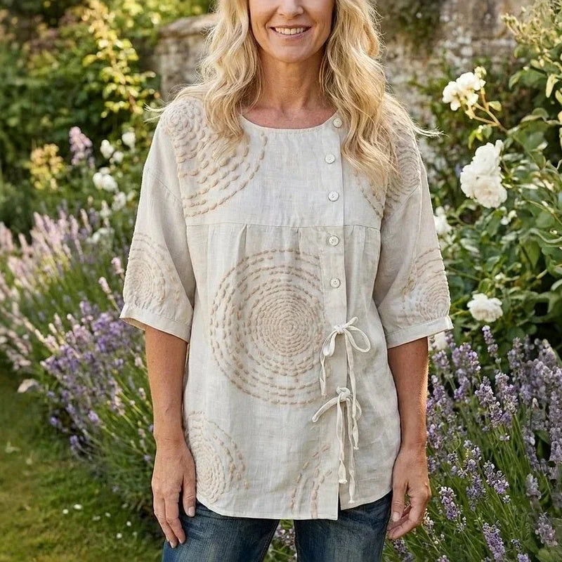Damen Vintage Bluse Oversize Casual mit Schnürung und Spiralmuster