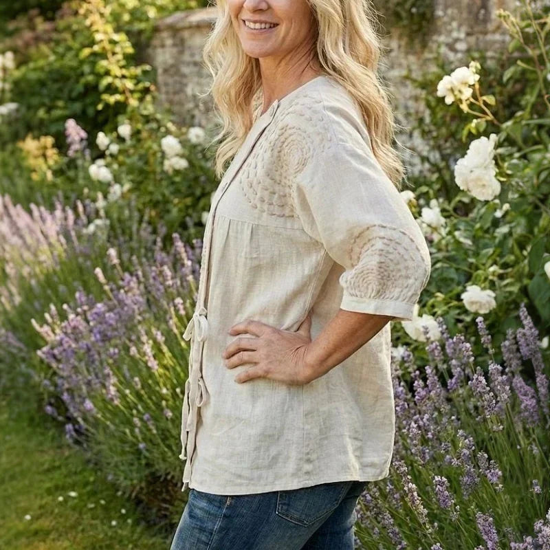 Damen Vintage Bluse Oversize Casual mit Schnürung und Spiralmuster